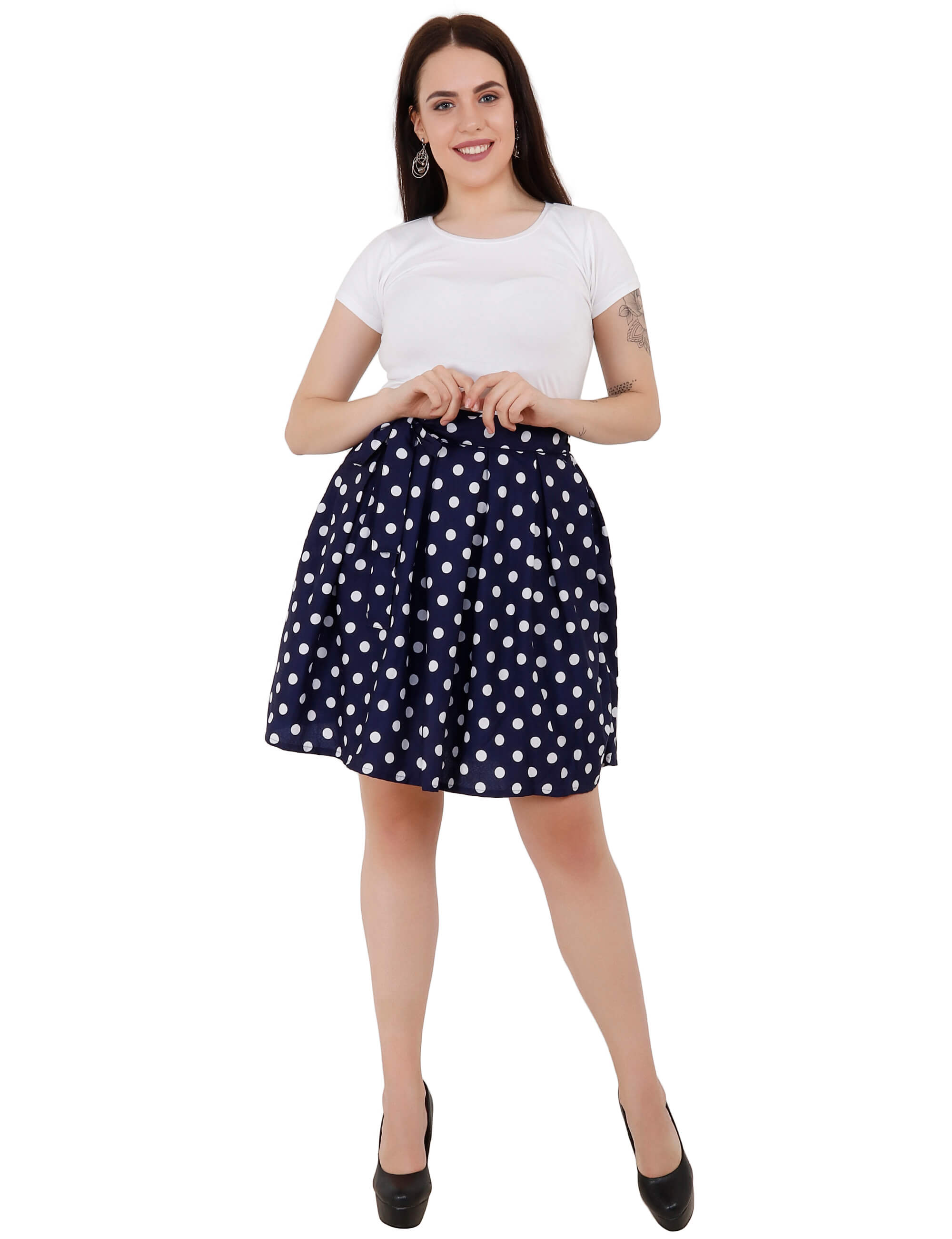 Emeros Border Print Pleated Blue Polka Dot Skirt